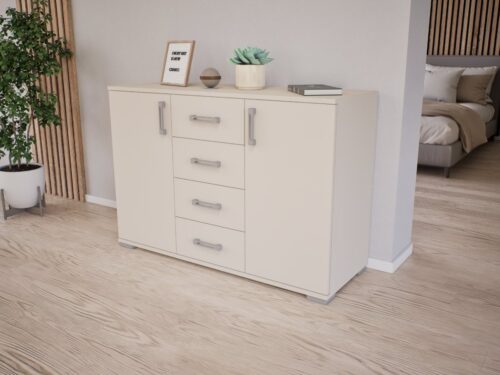 120 cm széles komód két ajtóval és középen 4 fiókkal 83 cm magas és 44 cm mély