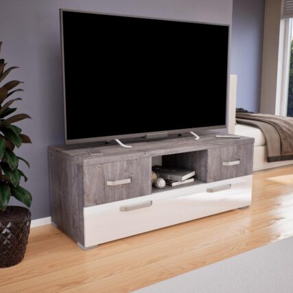 140 cm széles tv állvány 2 széles és 2 keskenyebb fiókkal, a keskenyebb fiókok között nyitott résszel