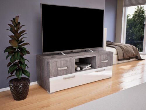 140 cm széles tv állvány 2 széles és 2 keskenyebb fiókkal, a keskenyebb fiókok között nyitott résszel