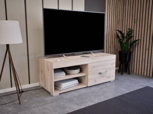 120 cm széles tv állvány 1 fiókkal, ami lehet jobb vagy baloldalt, másik oldal 2 nyitott résszel