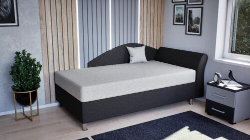 egyszemélys kárpitozott oldaltámlás sarokheverő ágyneműtartóval, jobbos, balos, mérete 100x 210 cm és fekvőmagassága 58 cm