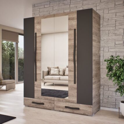 4 nyílóajtós 2 külső fiókos tükrös gardrób akasztós és polcos belső 160 cm széles, több színben