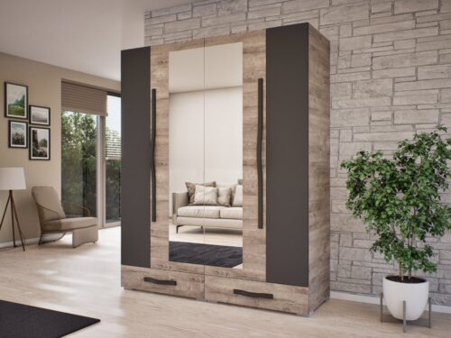 4 nyílóajtós 2 külső fiókos tükrös gardrób akasztós és polcos belső 160 cm széles, több színben