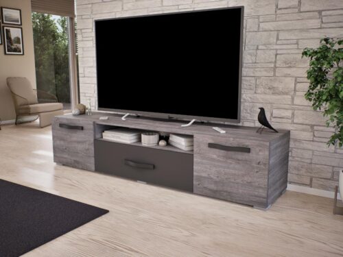 210 cm széles tv állvány két oldalt ajtókkal és középen 1 széles fiókkal és a fiók felett nyitott résszel