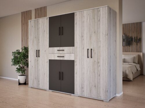 8 nyílóajtós gardrób 2 külső fiókkal akasztós és polcos belsővel, több színben, 240 cm széles