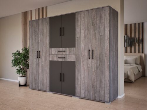 6 ajtós és két külső fiókos szekrény belül végig polcos, 160 cm széles