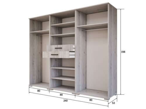 8 nyílóajtós 2 fiókos szekrény belső 240 cm széles