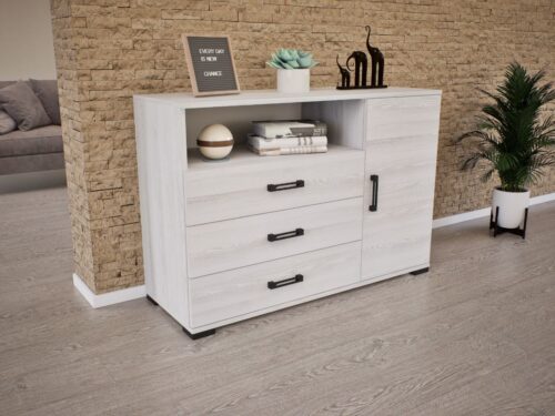120 cm széles komód 3 széles fiókkal, felette nyitott résszel, és jobb oldalán ajtóval, 83 cm magas és 44 cm mély