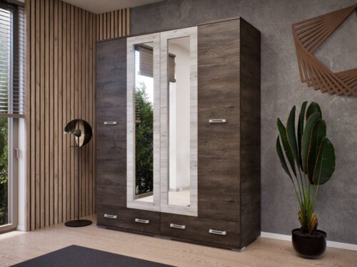 két nyílóajtós gardróbszekrény két széles fiókkal, polcokkal és akasztós résszel több színben, 160 cm széles