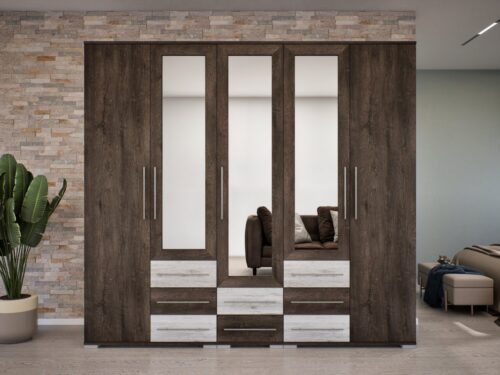 5 nyílóajtós gardróbszekrény tükörrel és 8 külső fiókkal akasztós és polcos belsővel, több színben, 225 cm széles