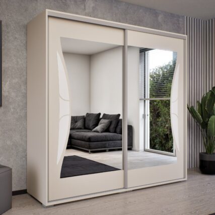 két tükrös tolóajtós gardrób polcokkal és akasztós résszel, két fiókos konténerrel