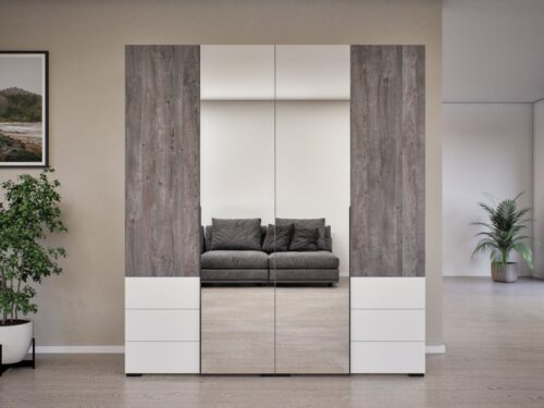 4 nyílóajtós, 6 külső fiókos gardrób tükörrel, belül akasztós, több színben, 180 cm széles