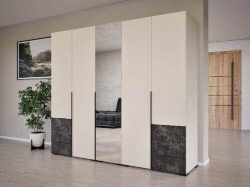 5 nyílóajtós, 6 külső fiókos gardrób tükörrel, akasztós és polcos, 225 cm széles, több színben