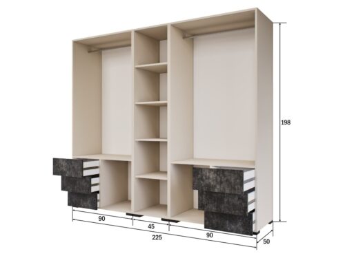 225 cm 5 ajtós 6 fiókos gardrób belső