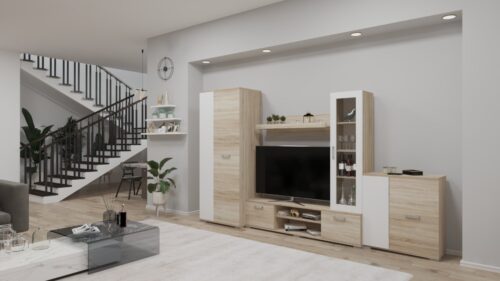 Anda nappali sor, akasztós, polcos, vitrines,nyitott polcos elemekkel és tv állvánnyal