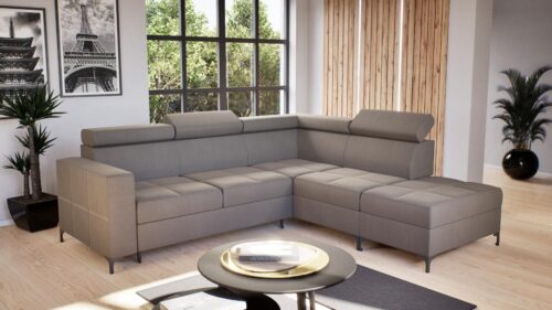 266 cm széles sarokülő hullám rugós, ágyneműtartós, állítható fejtámlás és lecsatolható puffal, jobbos balos kivitel