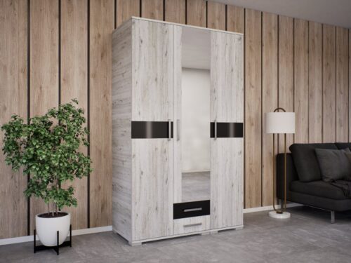 3 nyílóajtós, 2 külső fiókos gardrób tükörrel, akasztós és polcos részekkel, 120 cm széles