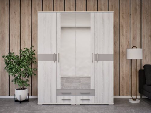 4 nyílóajtós, 4 külső fiókos tükrös szekrény, akasztós és polcos résszel, 160 cm széles