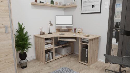 sarok számítógépasztal, bal oldalon 106 cm széles, jobb oldalon 120 cm széles, nyitott polcokkal és klaviatúratartóval, sarkán magasítóval