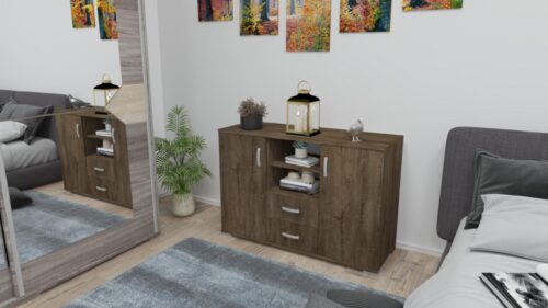 120 cm széles komód, kétoldalt ajtó, középen 2 db keskeny fiók és felette 2 db nyitott rész 82 cm magas és 44 cm mély