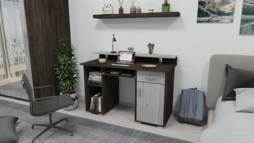 120 cm széles íróasztal, bal oldalán nyitott polcos és jobb oldalán 1 fiók és 1 ajtó, klaviatúratartóval és hátul kis polccal