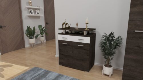 80 cm széles komód két ajtóval és felette 2 keskeny fiókkal és felette nyitott résszel