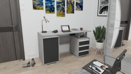 140 cm széles íróasztal, bal oldalán ajtós, jobb oldalán 3 fiókos, felette nyitott résszel