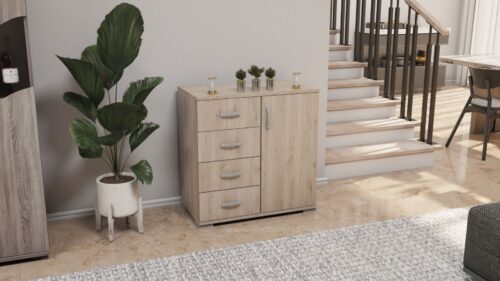 80 cm széles komód 4 db keskeny fiókkal és 1 ajtóval 82 cm magas és 44 cm mély