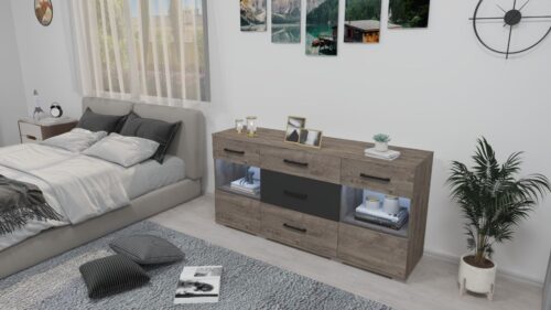 170 cm széles komód, 2, üveggel kombinált ajtóval és középen 3 db fiókkal, 83 cm magas, 43,5 cm mély