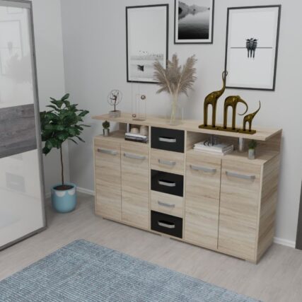 166 cm széles kombinált komód 4 ajtóval és középen 5 fiókkal, az ajtók felett nyitott résszel, 101,5 cm magas és 43 cm mély