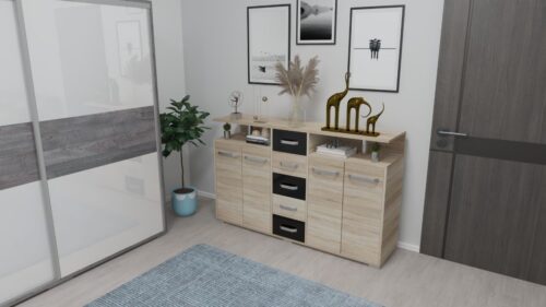 166 cm széles kombinált komód 4 ajtóval és középen 5 fiókkal, az ajtók felett nyitott résszel, 101,5 cm magas és 43 cm mély