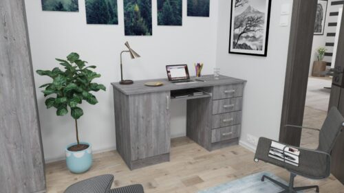 130 cm széles számítógépasztal, bal oldalán ajtó és jobb oldalán 4 db fiók, középen klaviatúra tartóval