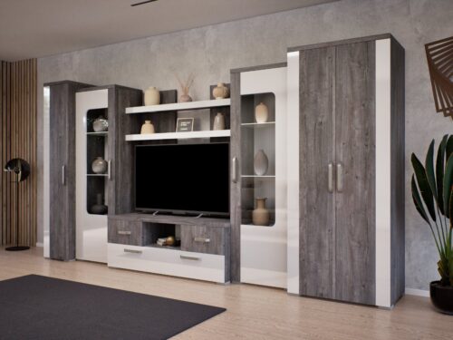 Adél 380 cm széles szekrénysor, akasztós, polcos, vitrines, fiókos elemekkel, tv állvánnyal