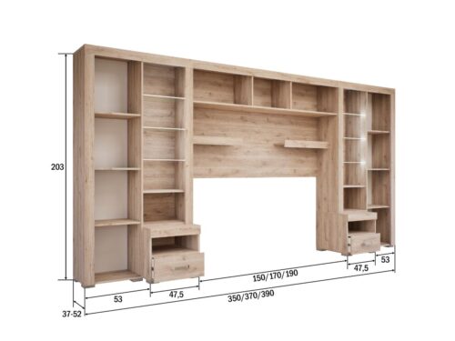 Alíz áthidalós, amibe franciaágy illeszthető. 350, 370 vagy 390 cm széles, polcos, ynitott polcos, vitrines és éjjeliszekrény részekkel