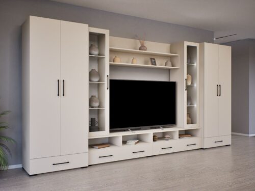 Anubis 400 cm széles szekrénysor akasztós, vitrines, fiókos, ynitott polcos elemekkel és tv állvánnyal.