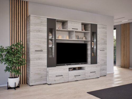 Bogi akciós szekrénysor 300 cm széles, polcos, vitrines, nyitott polcos, fiókos részekkel és tv állvánnyal