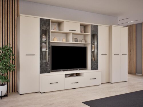 Bogi ruhás szekrénysor, 380 cm széles, akasztós, polcos, nyitott polcos, vitrines, fiókos részekkel és tv állvánnyal