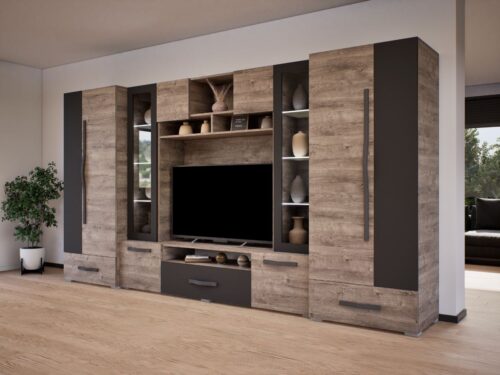 Cézár 370 cm széles szekrénysor, akasztós, polcos, nyitott polcos, vitrines, fiókos rézekkel és tv állvánnyal.