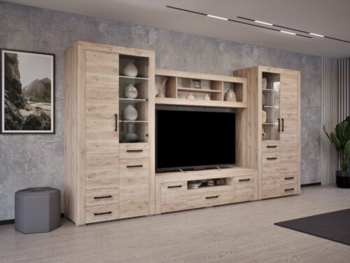 Héra 368 cm széles szekrénysor akasztós, polcos, nyitott polcos, fiókos, vitrines részekkel