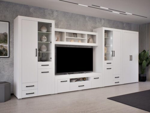 Héra ruhás szekrénysor 464 cm széles. Akasztós, polcos, vitrines, fiókos, ynitott polcos részekkel és tv állvánnyal