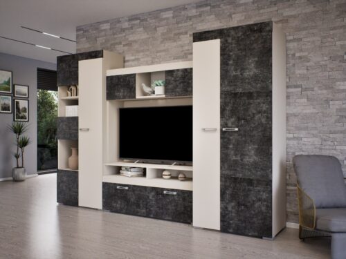 Mateus szekrénysor 290 cm széles, akasztós, polcos, nyitott polcos részekkel és tv állvánnyal