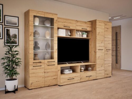 Mónika 300 cm széles szekrénysor, akasztós, polcos, nyitott polcos, fiókos, vitrines részekkel és tv állvánnyal