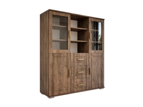 Pier bútorcsalád vitrines szekrénye, felül kétoldalt üvegajtóval és középen nyitott polccal, alső részében kétoldalt ajtók és középen 3 db fiók 135 cm széles