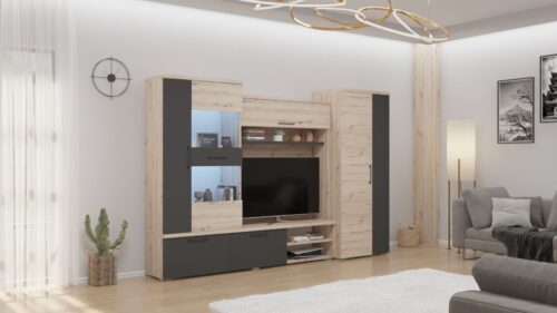 Bianka 300 szekrénysor, 300 cm széles, akasztós, polcos, ynitott polcos, fiókos, vitrines részekkel és tv állvánnyal