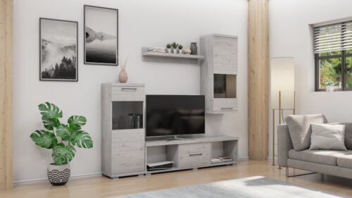 Hanna nappali az elemek elrendezésétől függően minimum 220 cm széles, vitrines, zárt és nyitott polcos és fiókos részekkel és tv állvánnyal