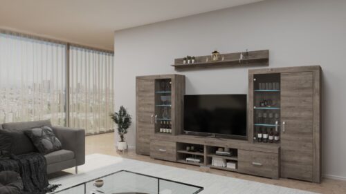 Alíz III. szekrénysor 346 cm széles, polcokkal, nyitott polcokkal, vitrinekkel, fiókokkal, tv állvánnyal