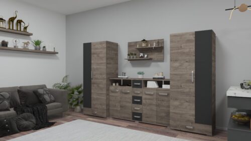 Lola nappali 326 cm széles, akasztós szekrények, fiókok, polcok és nyitott polcok egy komódban, ami tv állványként szolgálhat