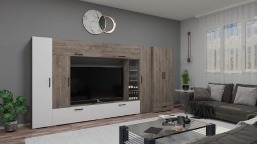 Letti ruhás szekrénysor 400 cm széles, akasztós, polcos, fiókos és vitrines részekkel és tv állvánnyal.