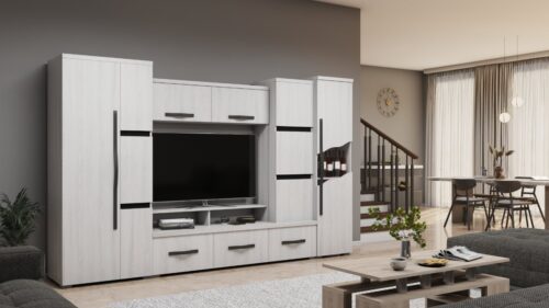 Edit 320 cm széles szekrénysor akasztós, polcos, nyitott polcos és fiókos részekkel és tv állvánnyal