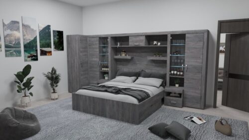 Alíz áthidalós, amibe franciaágy illeszthető, 350, 370 vagy 390 cm széles, polcos, vitrines, nyitott polcos és éjjeliszekrény elemekkel